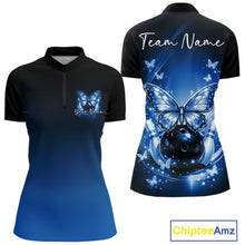 Load image into Gallery viewer, Front and back mockup of a blue women’s bowling quarter-zip shirt featuring glowing butterflies on a bowling ball, fallen pins, and a cosmic theme.
