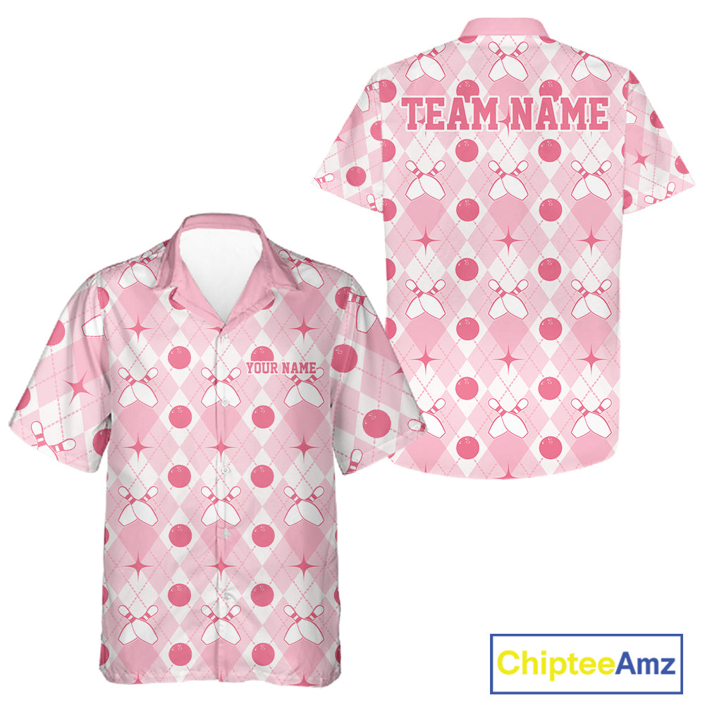 Custom Classic Retro White And Pink Argyle Pattern Bowling Men And Women Button Up Shirt IPHW11938