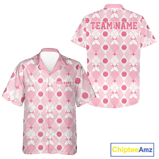 Custom Classic Retro White And Pink Argyle Pattern Bowling Men And Women Button Up Shirt IPHW11938