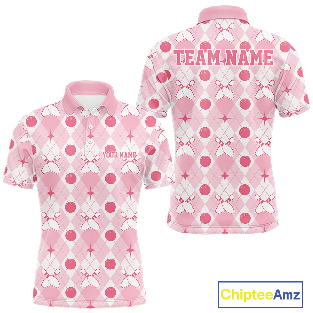 Custom Classic Retro White And Pink Argyle Pattern Bowling Men Polo Shirt IPHW11938