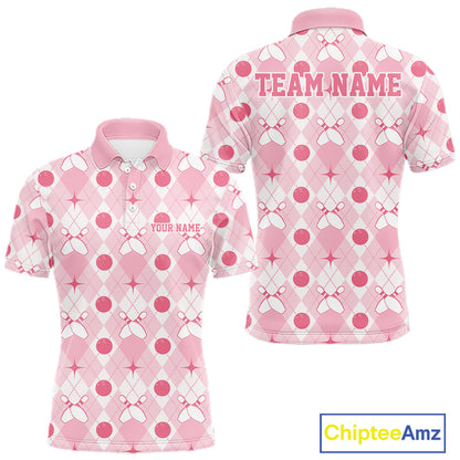 Custom Classic Retro White And Pink Argyle Pattern Bowling Men Polo Shirt IPHW11938