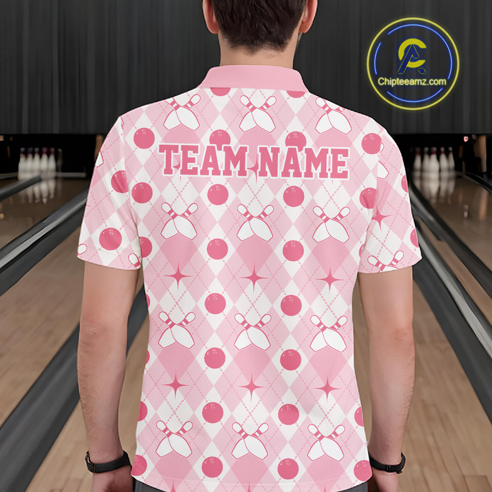 Custom Classic Retro White And Pink Argyle Pattern Bowling Men Polo Shirt IPHW11938