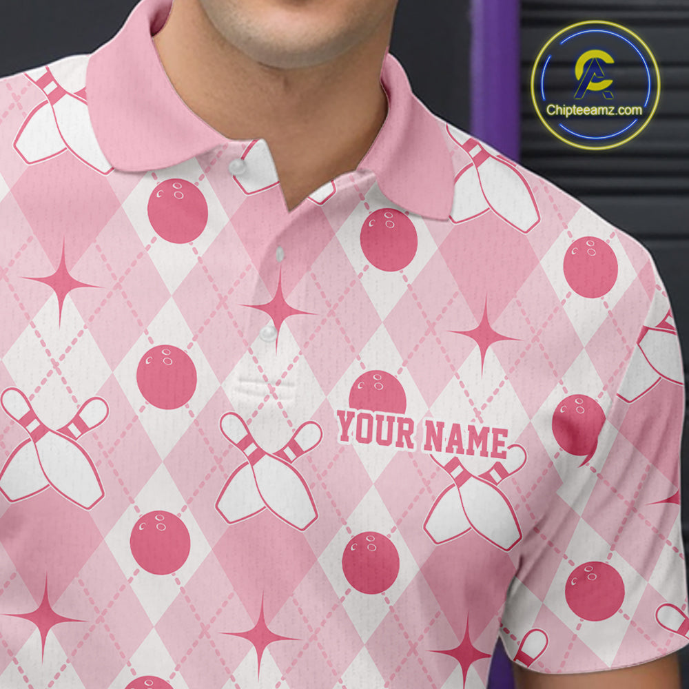 Custom Classic Retro White And Pink Argyle Pattern Bowling Men Polo Shirt IPHW11938