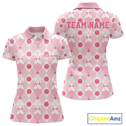 Custom Classic Retro White And Pink Argyle Pattern Bowling Women Polo Shirt IPHW11938