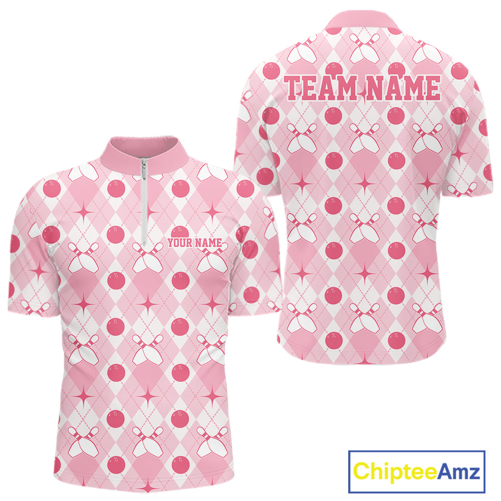 Custom Classic Retro White And Pink Argyle Pattern Bowling Men Quarter Zip Shirt IPHW11938