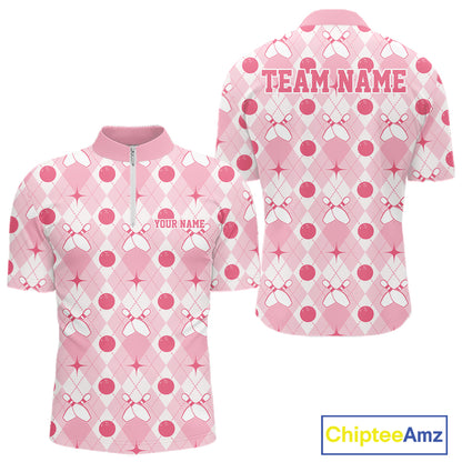 Custom Classic Retro White And Pink Argyle Pattern Bowling Men Quarter Zip Shirt IPHW11938