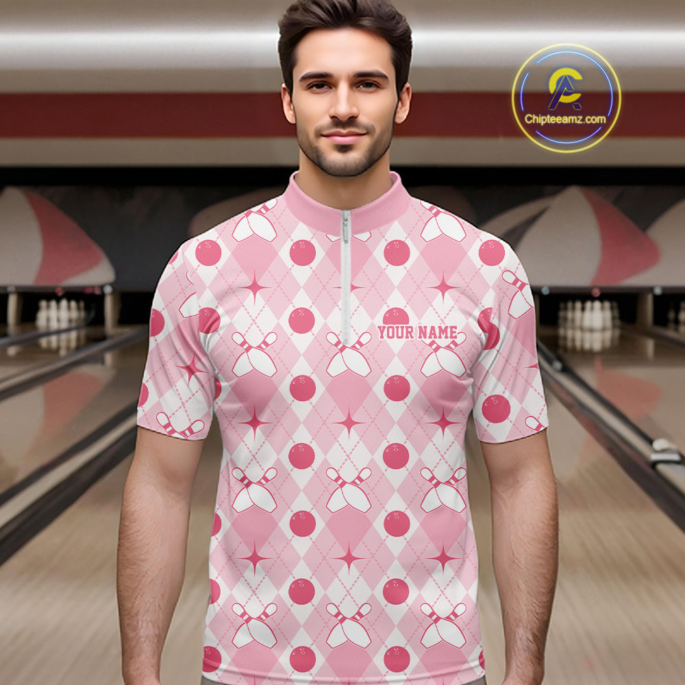 Custom Classic Retro White And Pink Argyle Pattern Bowling Men Quarter Zip Shirt IPHW11938