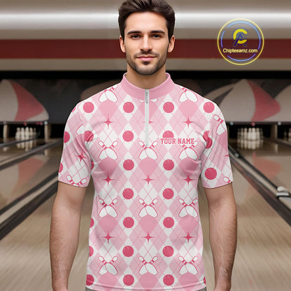 Custom Classic Retro White And Pink Argyle Pattern Bowling Men Quarter Zip Shirt IPHW11938