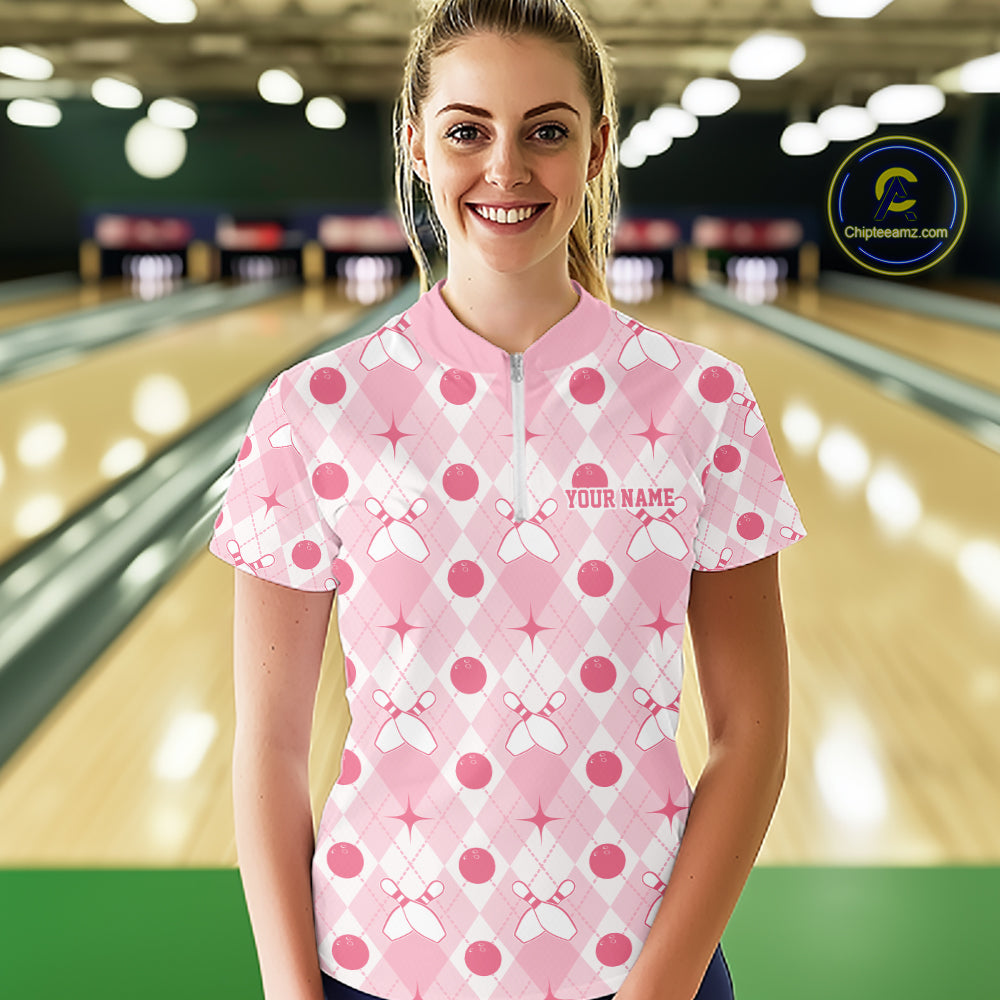 Custom Classic Retro White And Pink Argyle Pattern Bowling Women Quarter-Zip Shirt IPHW11938