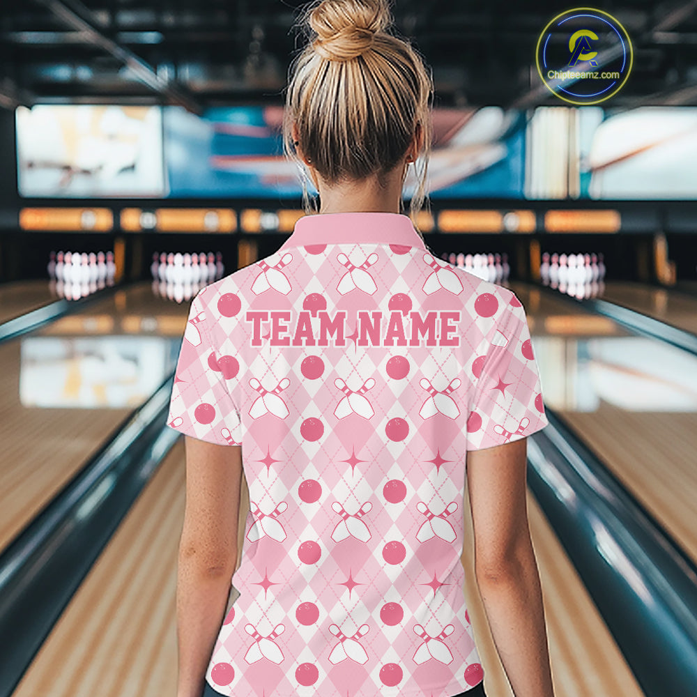 Custom Classic Retro White And Pink Argyle Pattern Bowling Women Quarter-Zip Shirt IPHW11938