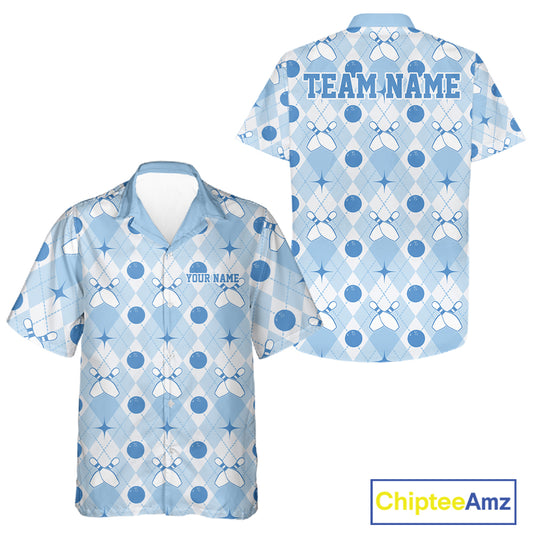 Custom Classic Retro White And Blue Argyle Pattern Bowling Men And Women Button Up Shirt IPHW11939