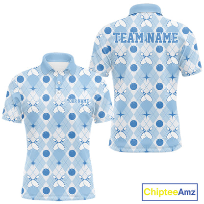 Custom Classic Retro White And Blue Argyle Pattern Bowling Men Polo Shirt IPHW11939