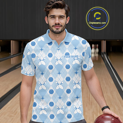 Custom Classic Retro White And Blue Argyle Pattern Bowling Men Polo Shirt IPHW11939