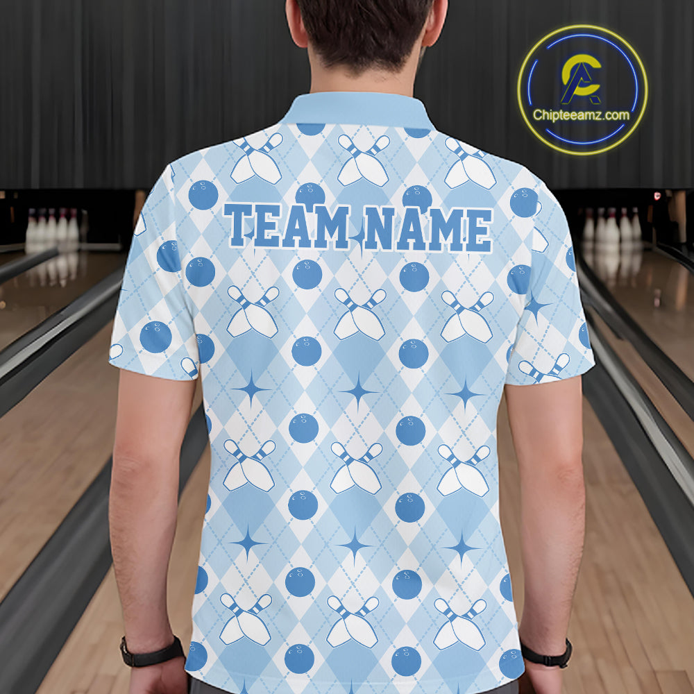 Custom Classic Retro White And Blue Argyle Pattern Bowling Men Polo Shirt IPHW11939
