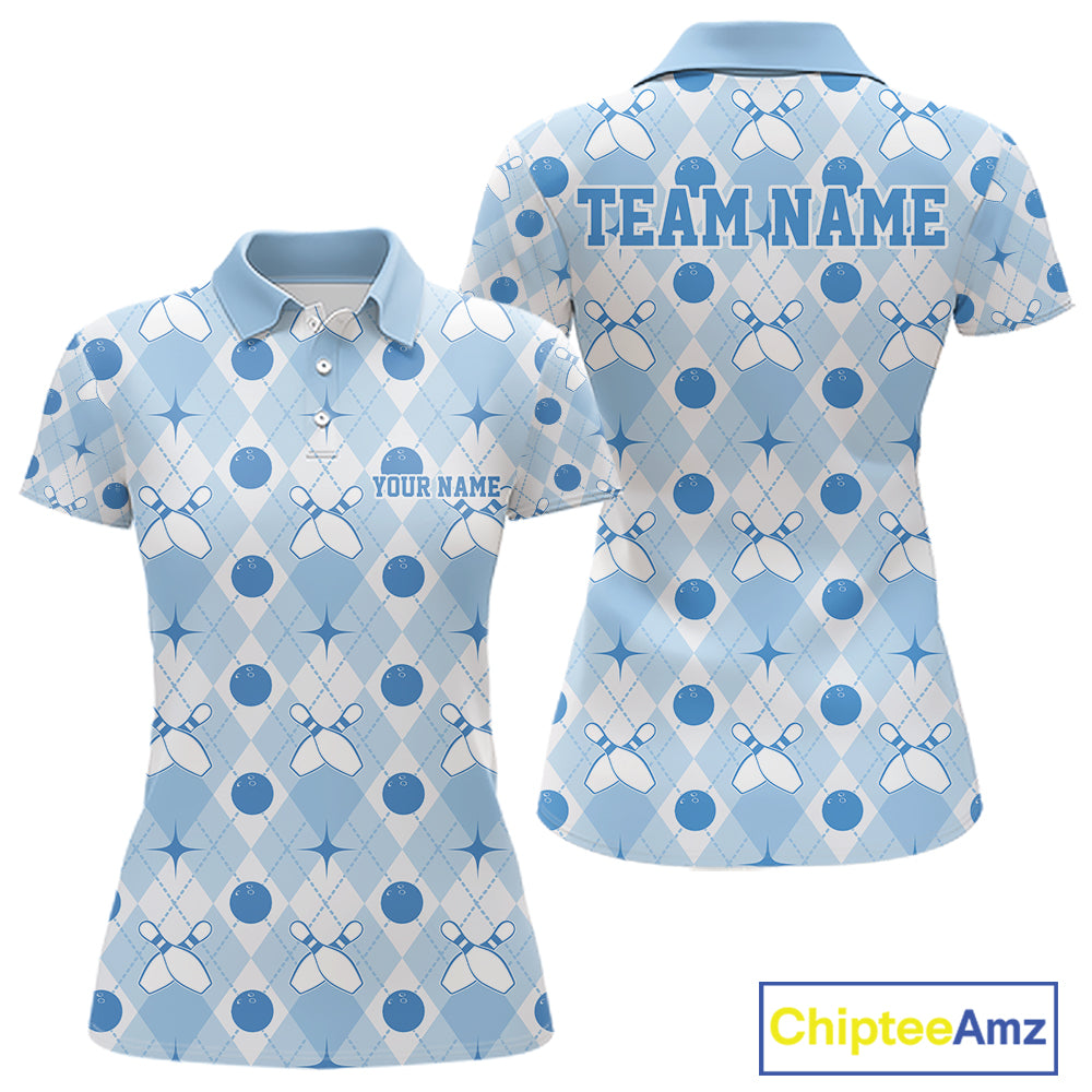Custom Classic Retro White And Blue Argyle Pattern Bowling Women Polo Shirt IPHW11939
