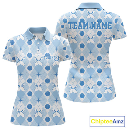 Custom Classic Retro White And Blue Argyle Pattern Bowling Women Polo Shirt IPHW11939