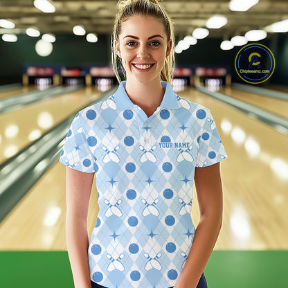 Custom Classic Retro White And Blue Argyle Pattern Bowling Women Polo Shirt IPHW11939