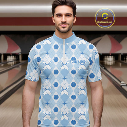 Custom Classic Retro White And Blue Argyle Pattern Bowling Men Quarter Zip Shirt IPHW11939