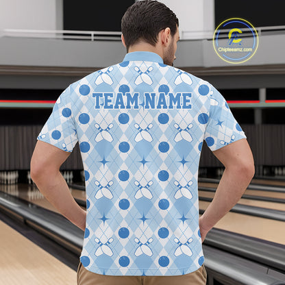 Custom Classic Retro White And Blue Argyle Pattern Bowling Men Quarter Zip Shirt IPHW11939