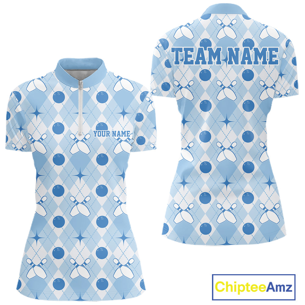 Custom Classic Retro White And Blue Argyle Pattern Bowling Women Quarter-Zip Shirt IPHW11939