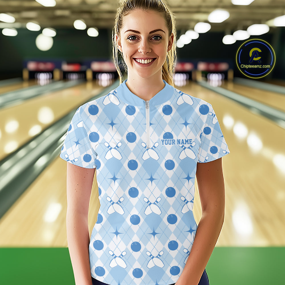 Custom Classic Retro White And Blue Argyle Pattern Bowling Women Quarter-Zip Shirt IPHW11939