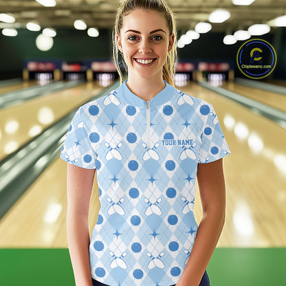 Custom Classic Retro White And Blue Argyle Pattern Bowling Women Quarter-Zip Shirt IPHW11939