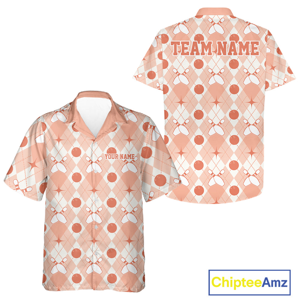 Custom Classic Retro White And Peach Argyle Pattern Bowling Men And Women Button Up Shirt IPHW11940