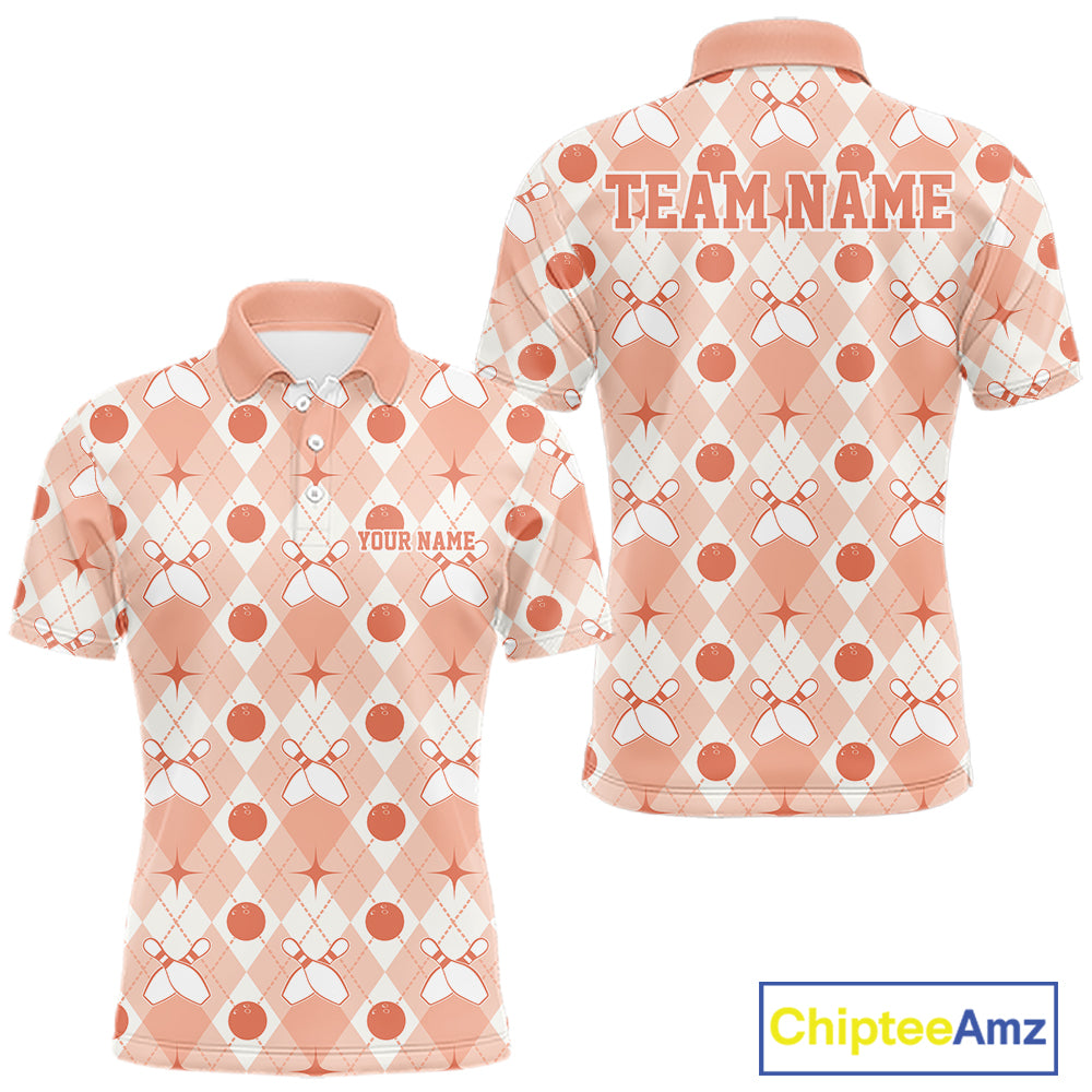 Custom Classic Retro White And Peach Argyle Pattern Bowling Men Polo Shirt IPHW11940