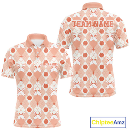 Custom Classic Retro White And Peach Argyle Pattern Bowling Men Polo Shirt IPHW11940