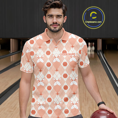 Custom Classic Retro White And Peach Argyle Pattern Bowling Men Polo Shirt IPHW11940