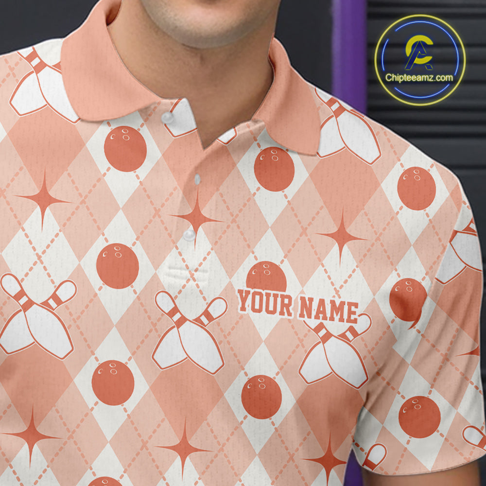Custom Classic Retro White And Peach Argyle Pattern Bowling Men Polo Shirt IPHW11940