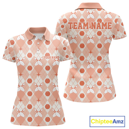 Custom Classic Retro White And Peach Argyle Pattern Bowling Women Polo Shirt IPHW11940