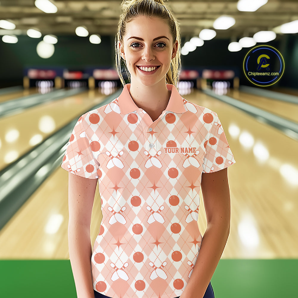 Custom Classic Retro White And Peach Argyle Pattern Bowling Women Polo Shirt IPHW11940
