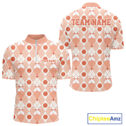 Custom Classic Retro White And Peach Argyle Pattern Bowling Men Quarter Zip Shirt IPHW11940