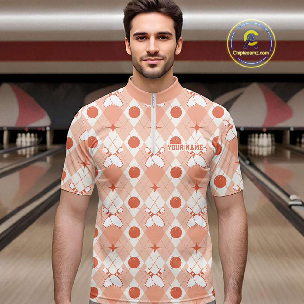 Custom Classic Retro White And Peach Argyle Pattern Bowling Men Quarter Zip Shirt IPHW11940
