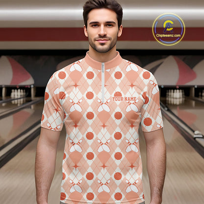Custom Classic Retro White And Peach Argyle Pattern Bowling Men Quarter Zip Shirt IPHW11940