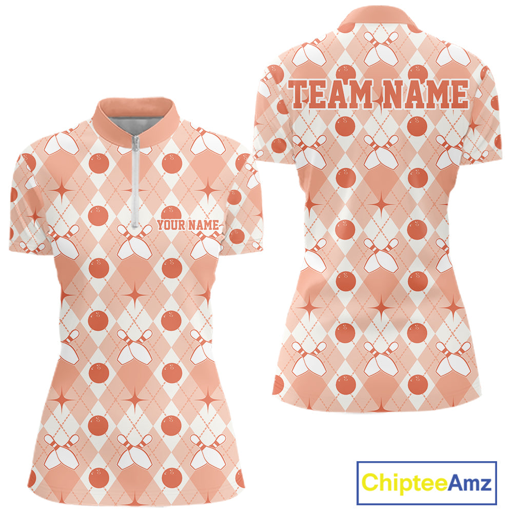 Custom Classic Retro White And Peach Argyle Pattern Bowling Women Quarter-Zip Shirt IPHW11940