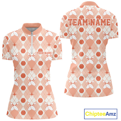 Custom Classic Retro White And Peach Argyle Pattern Bowling Women Quarter-Zip Shirt IPHW11940
