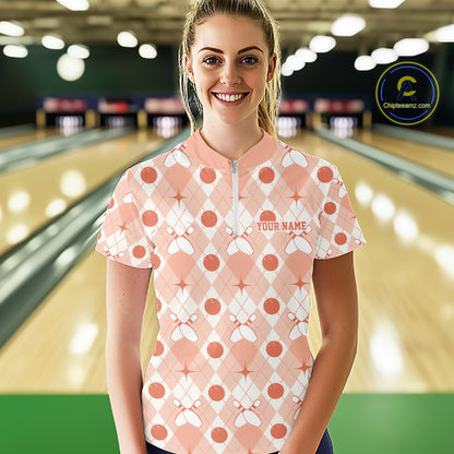Custom Classic Retro White And Peach Argyle Pattern Bowling Women Quarter-Zip Shirt IPHW11940