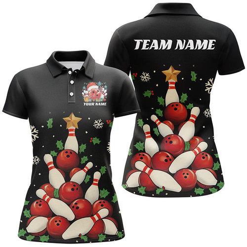 Custom Christmas Bowling Shirts For Women, Bowling Balls And Pins Christmas Tree Outfits IPHW7548