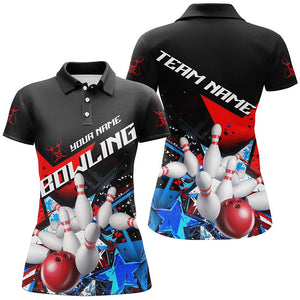 Red White And Blue Stars Custom US Bowling Shirts For Women, Patriotic Bowling Team Shirts IPHW7554