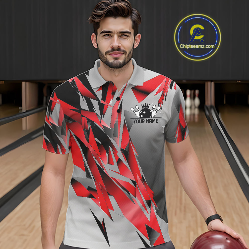 Red And Gray Custom Bowling Jersey, Matching Bowling Team Men Polo Shirt Bowler Gift IPHW12250