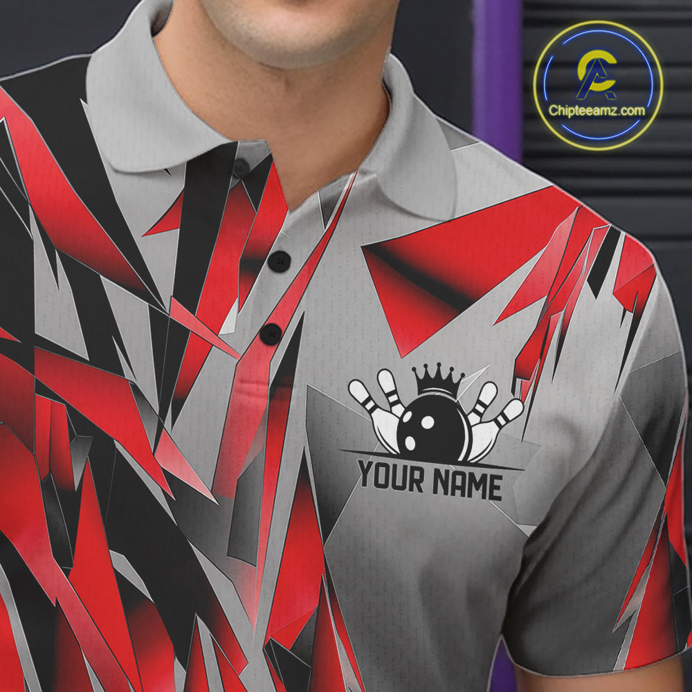 Red And Gray Custom Bowling Jersey, Matching Bowling Team Men Polo Shirt Bowler Gift IPHW12250