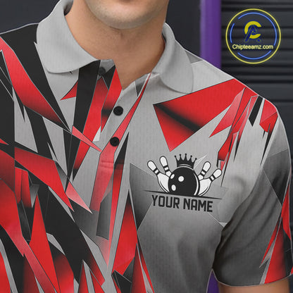 Red And Gray Custom Bowling Jersey, Matching Bowling Team Men Polo Shirt Bowler Gift IPHW12250