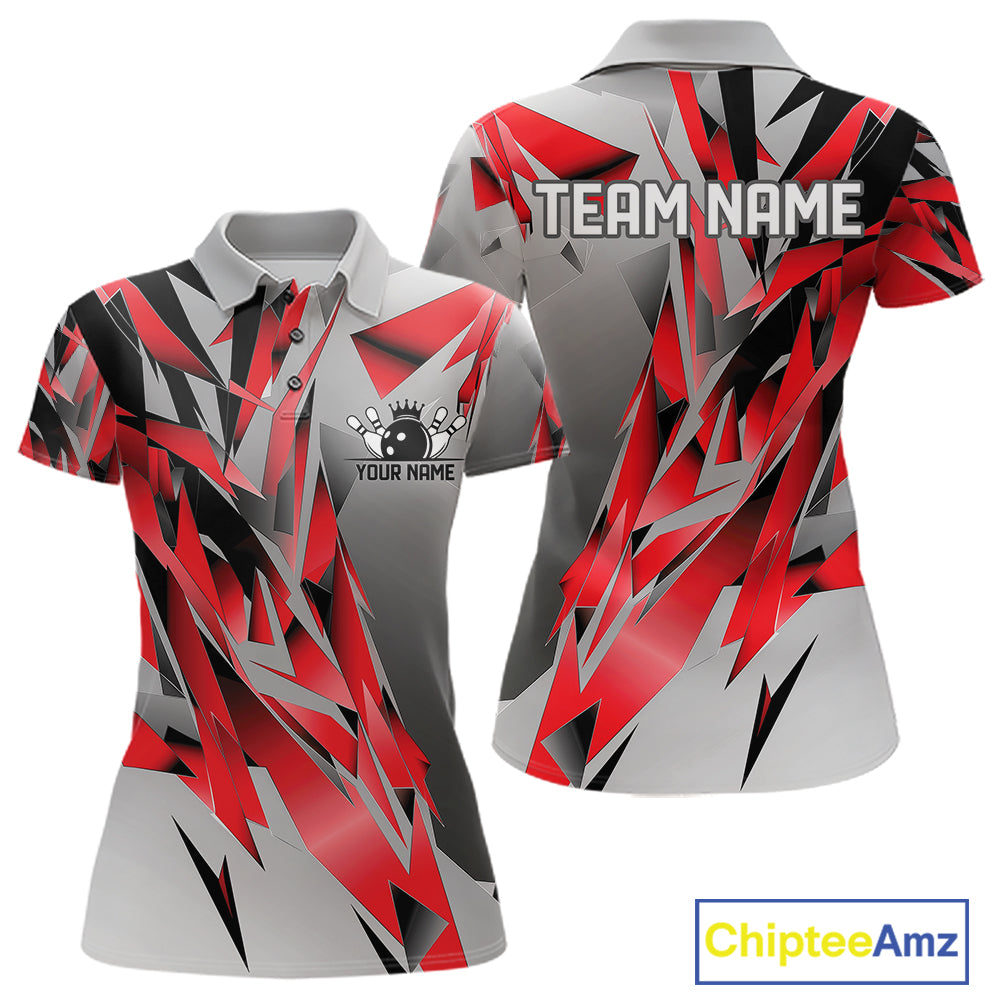 Red And Gray Custom Bowling Jersey, Matching Bowling Team Women Polo Shirt Bowler Gift IPHW12250
