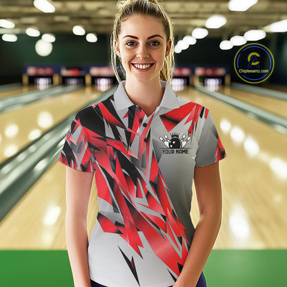 Red And Gray Custom Bowling Jersey, Matching Bowling Team Women Polo Shirt Bowler Gift IPHW12250