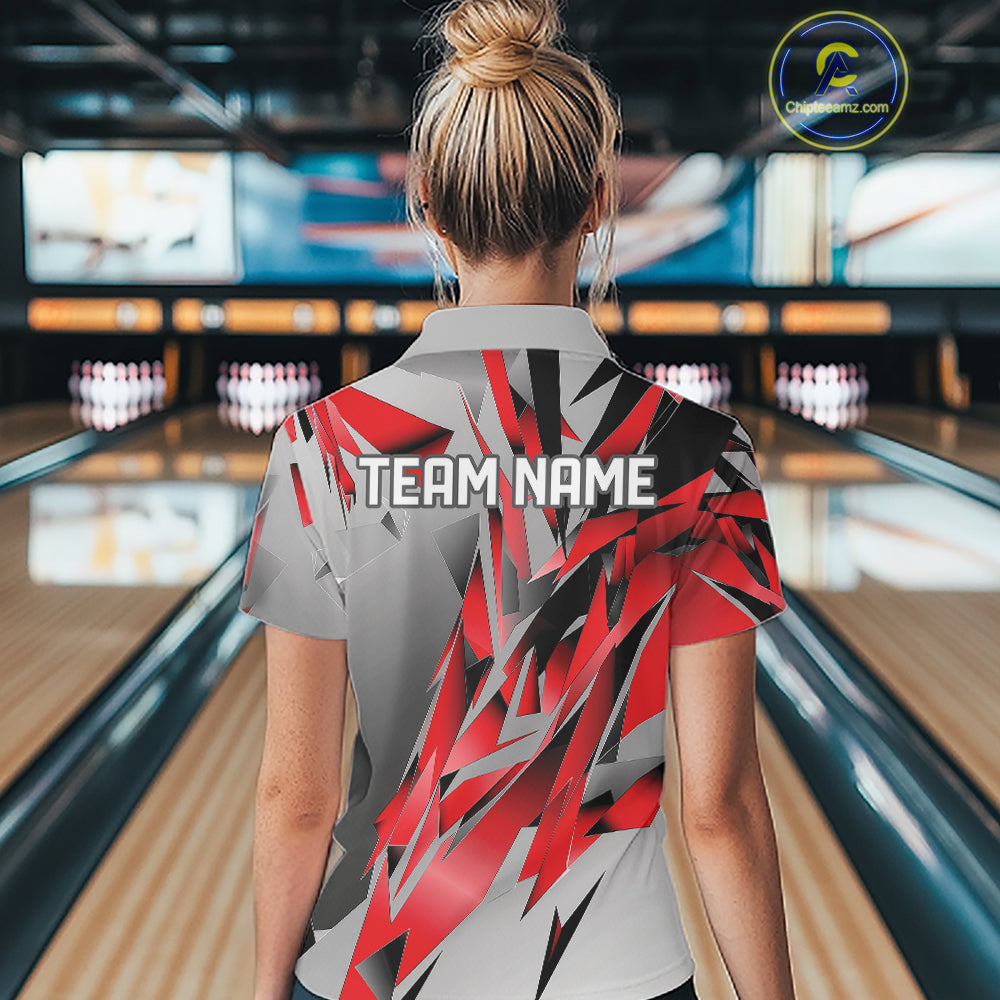 Red And Gray Custom Bowling Jersey, Matching Bowling Team Women Polo Shirt Bowler Gift IPHW12250