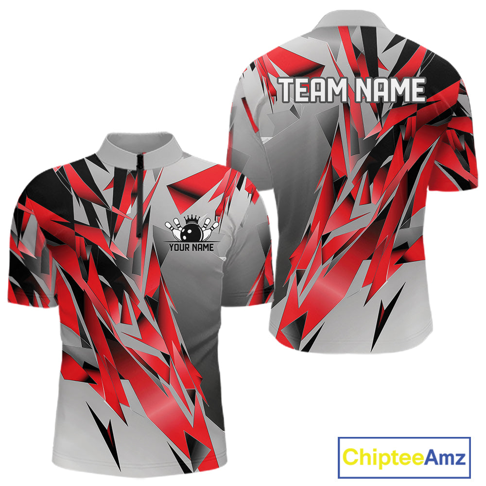 Red And Gray Custom Bowling Jersey, Matching Bowling Team Men Quarter Zip Shirt Bowler Gift IPHW12250
