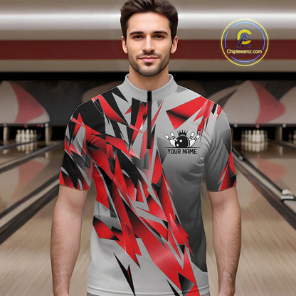 Red And Gray Custom Bowling Jersey, Matching Bowling Team Men Quarter Zip Shirt Bowler Gift IPHW12250