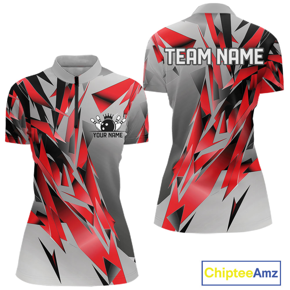 Red And Gray Custom Bowling Jersey, Matching Bowling Team Women Quarter-Zip Shirt  IPHW12250